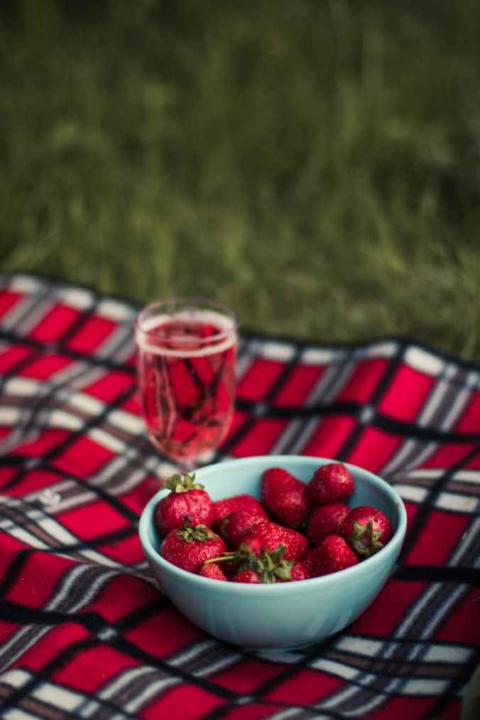picnic champagne strawberries plaid
